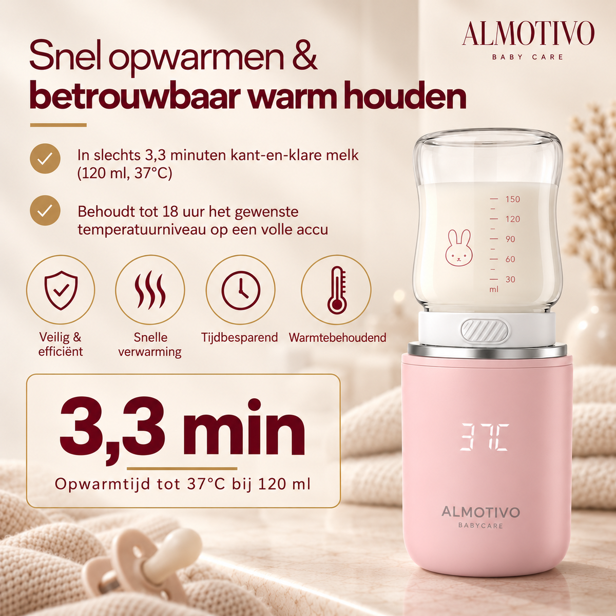 Almotivo Baby Care - Flessenwarmer Onderweg - Flessenverwarmer Baby – Draadloos, Draagbaar, 13.200mAh