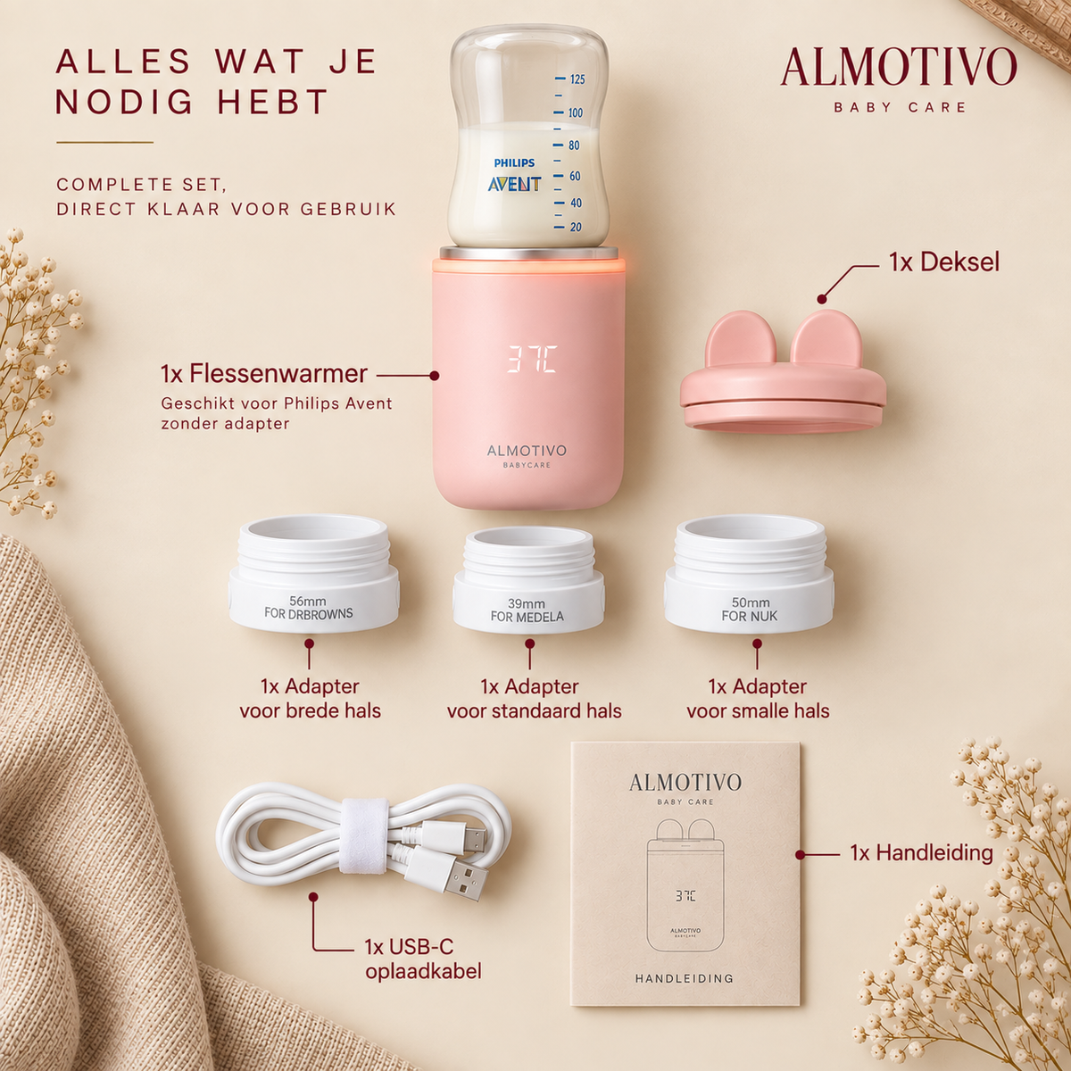Almotivo Baby Care - Flessenwarmer Onderweg - Flessenverwarmer Baby – Draadloos, Draagbaar, 13.200mAh